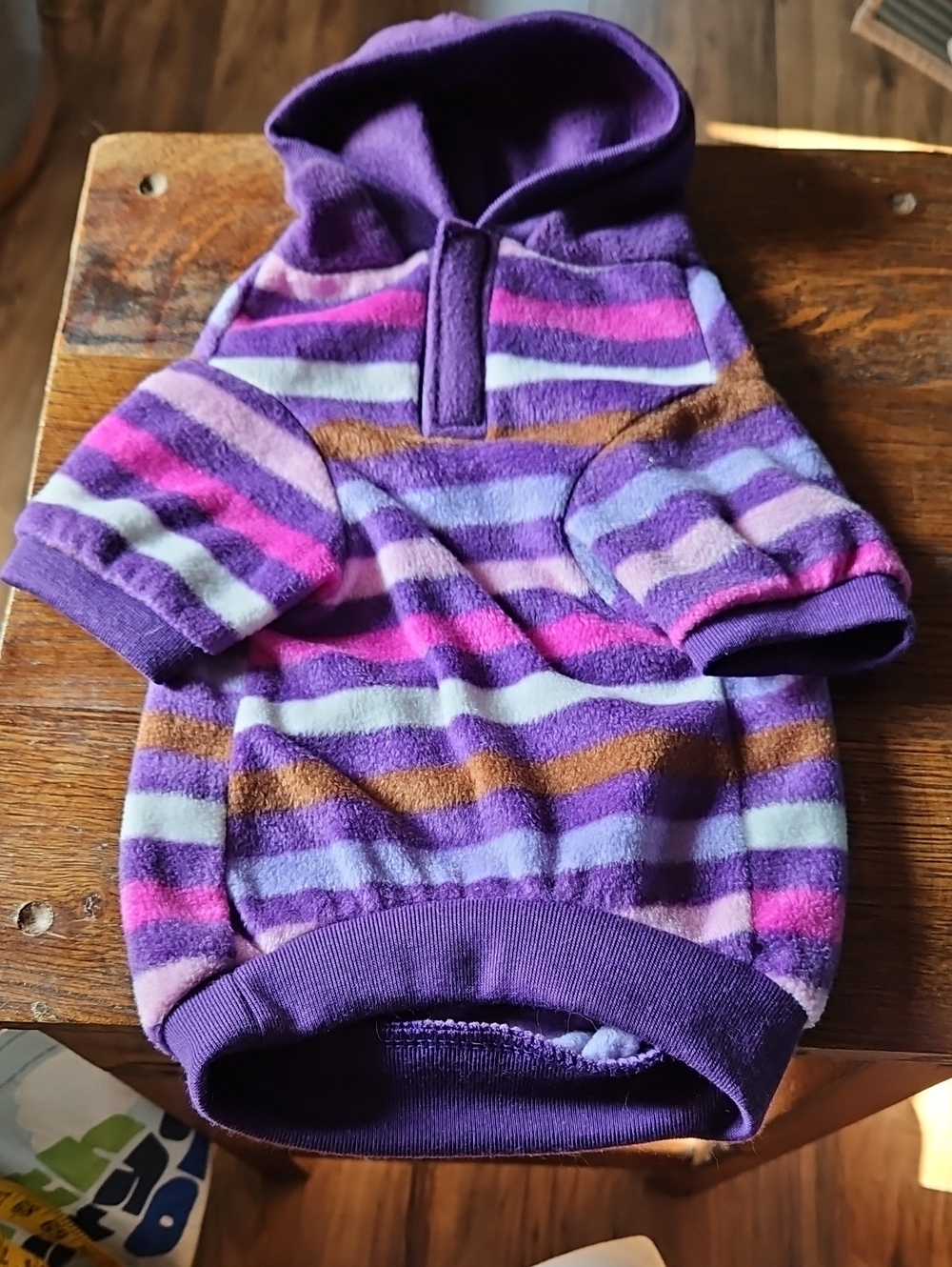 Top Paw Purple Striped Hooded Dog Pullover with Pink, Brown Cream Accents Medium